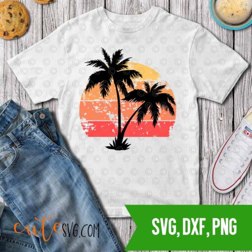 Beach summer sunset distressed palm trees svg dxf png cut files