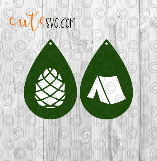 Camping tent pine cone camping tear drop leather earring template svg dxf png cut files