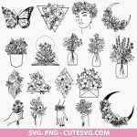 Flower svg, flower butterfly svg, Floral svg bundle, wildflower svg, bouquet svg, floral moon svg, geometric floral svg, spring svg. png